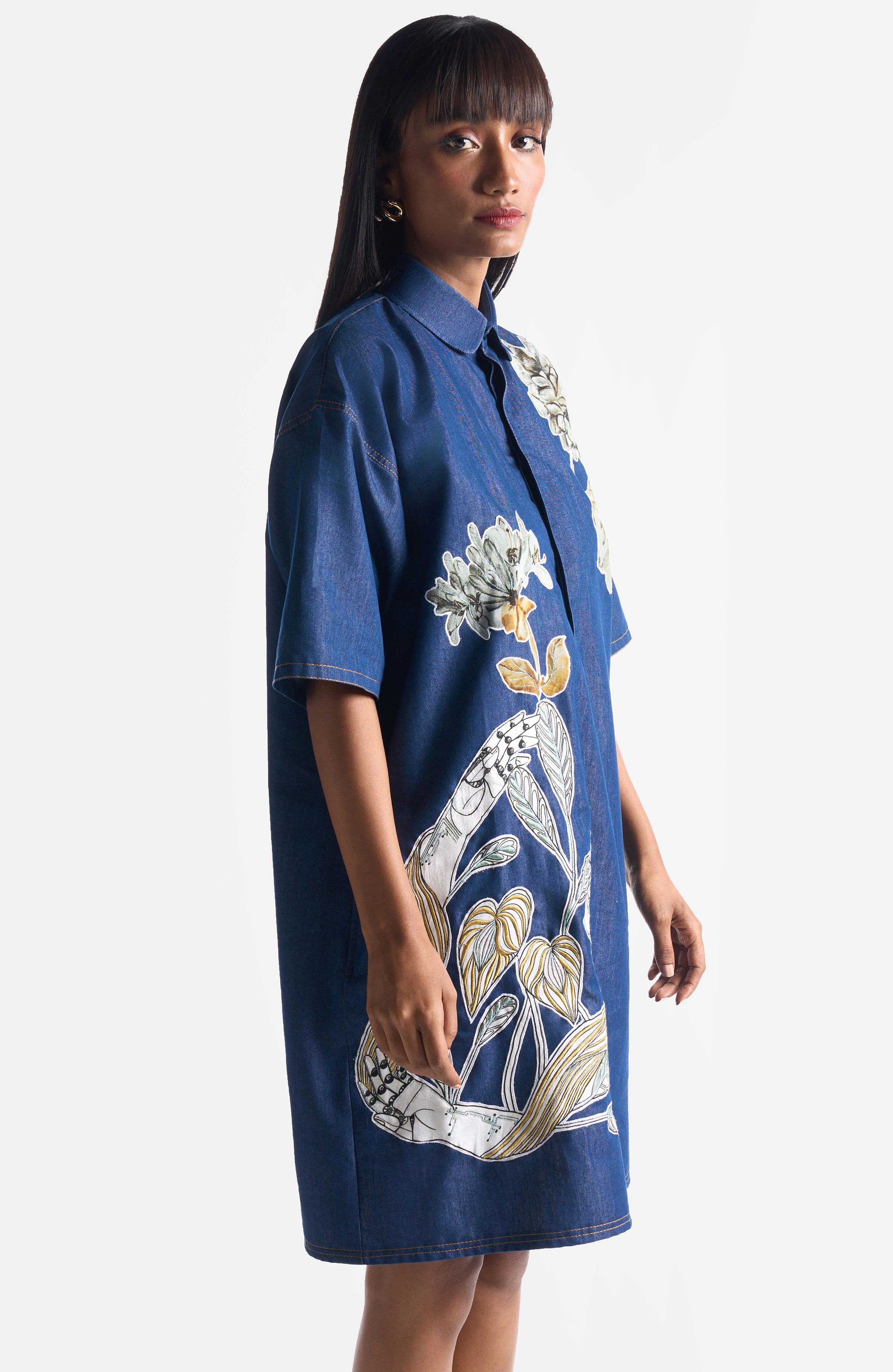 DENIM EMBROIDERY SHIRT DRESS