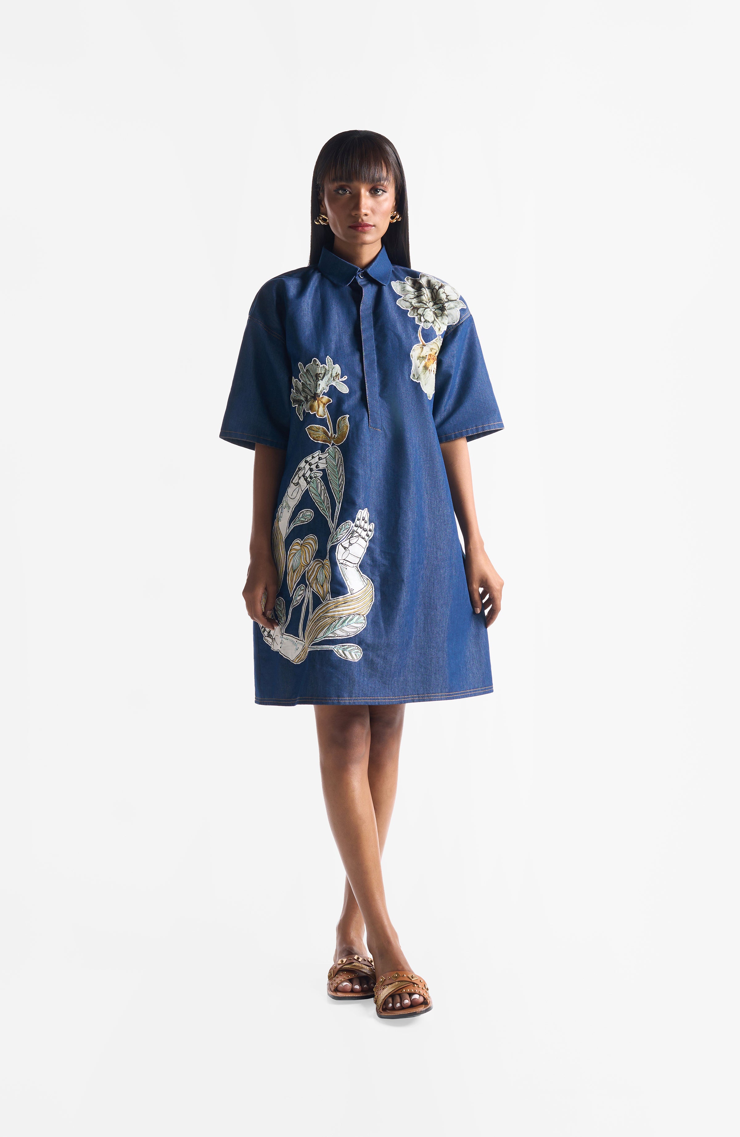 DENIM EMBROIDERY SHIRT DRESS