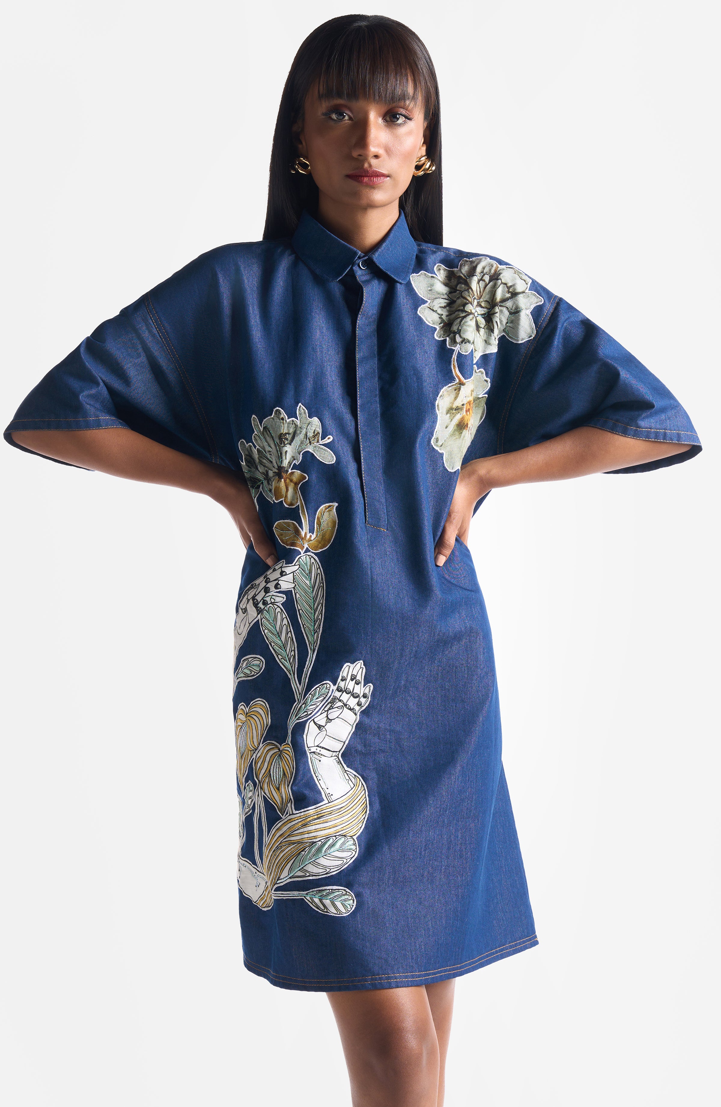 DENIM EMBROIDERY SHIRT DRESS