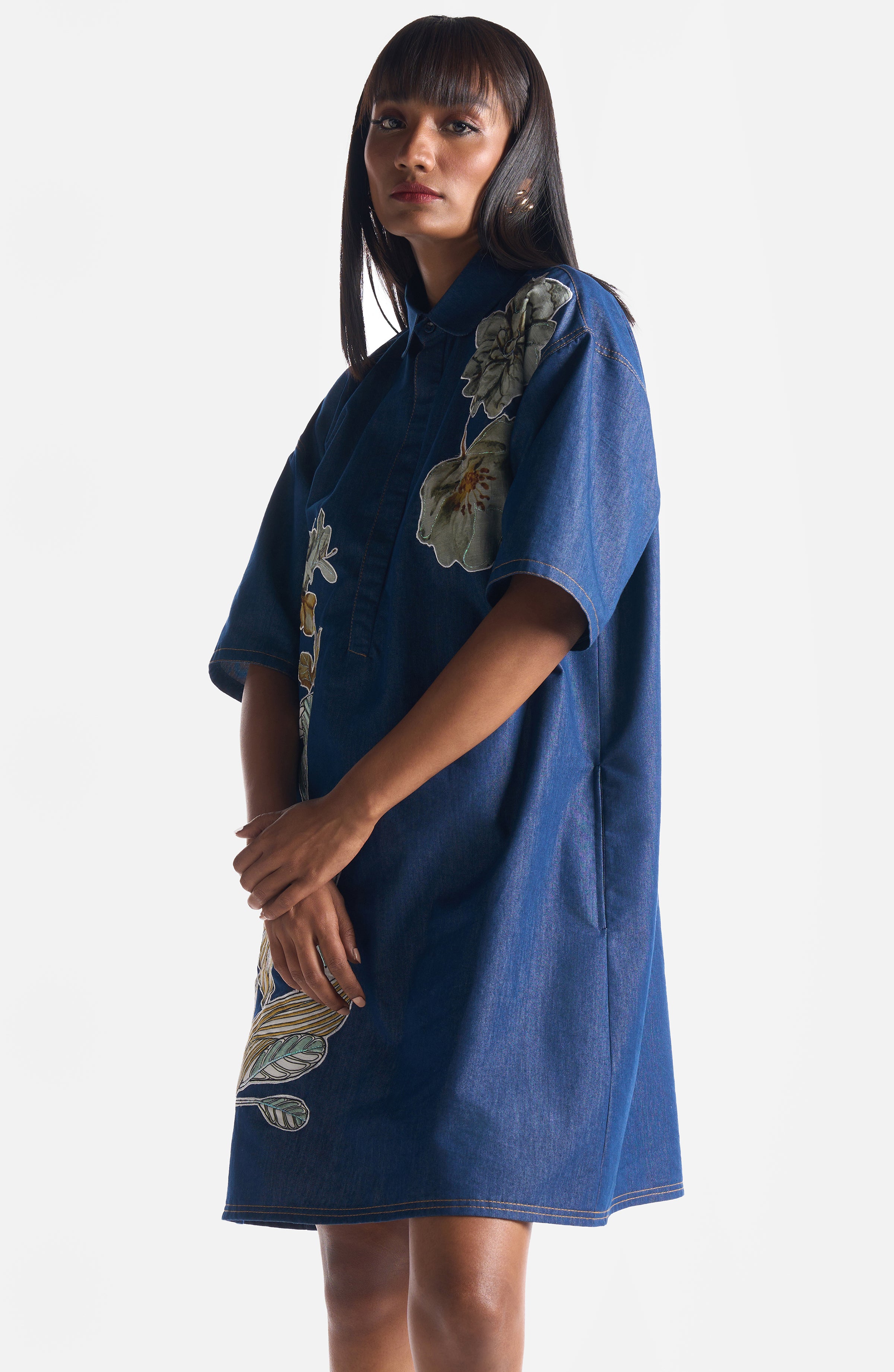 DENIM EMBROIDERY SHIRT DRESS