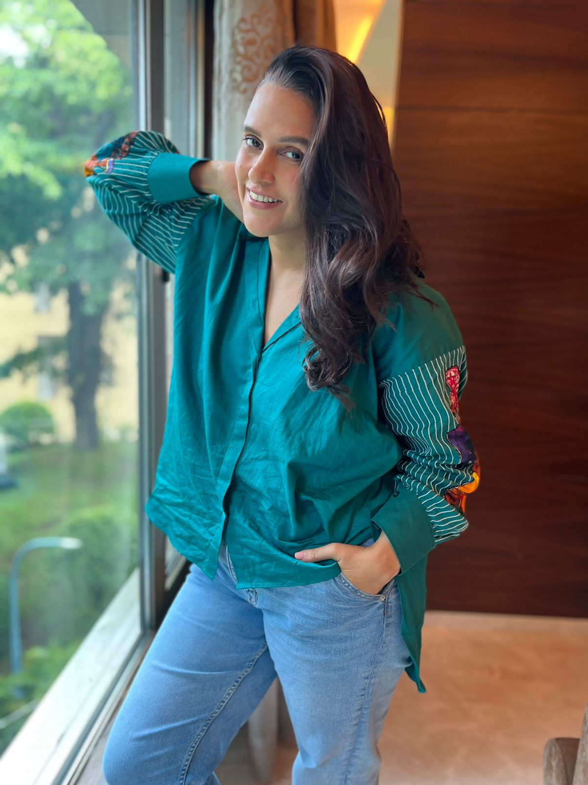HANDCRAFTED TEAL GRANADILLA OVERSIZE TOP