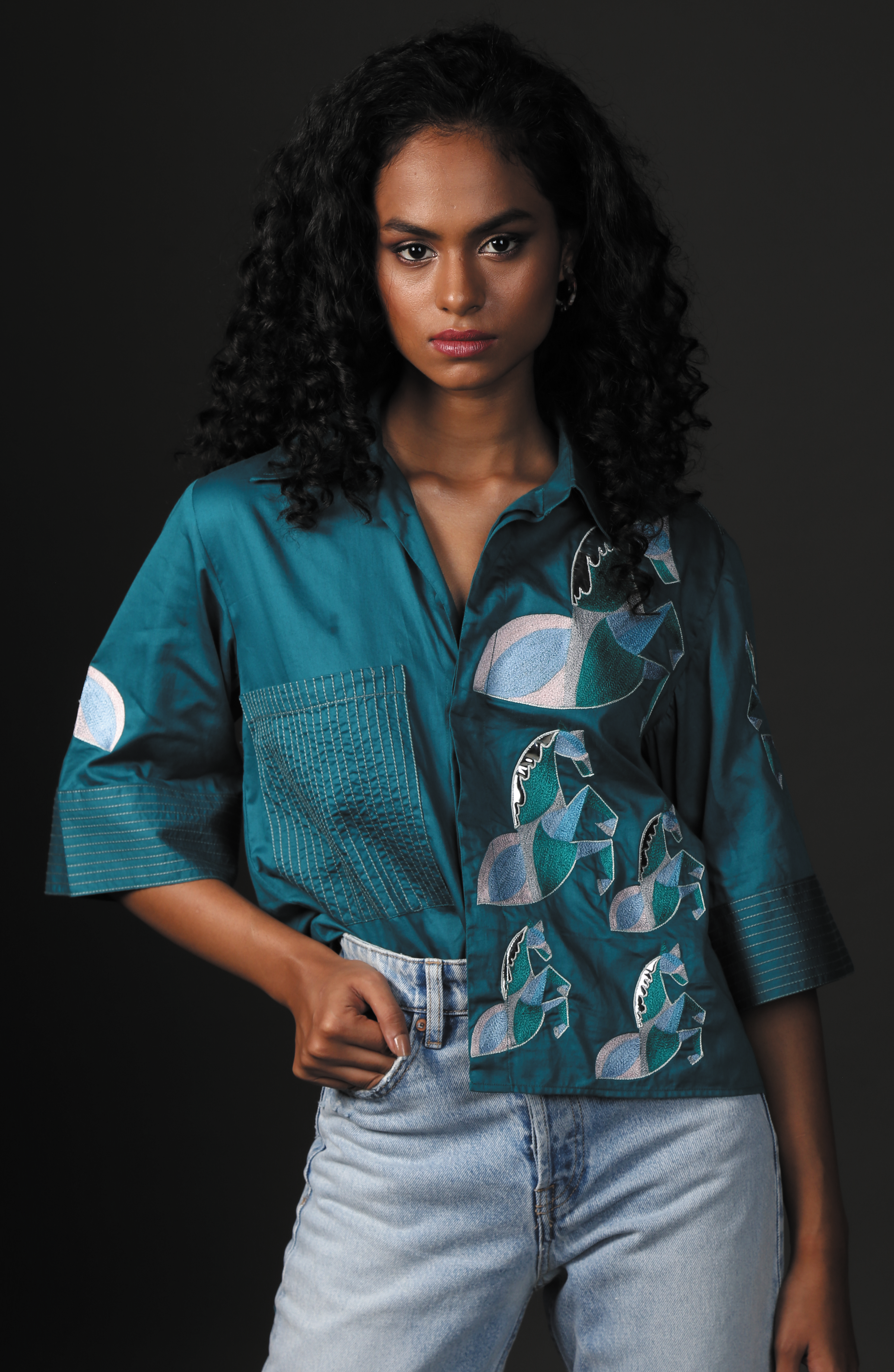 HANDCRAFTED TEAL STALLION PRINT TOP